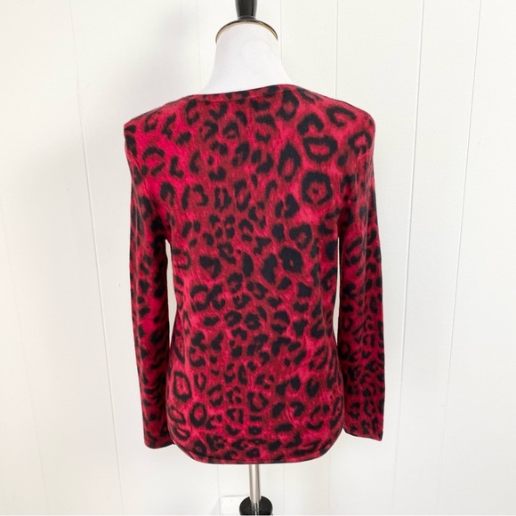 Talbots M P 100% Merino Wool Sweater Cardigan Cheetah Print Red Button Front - Picture 2 of 11
